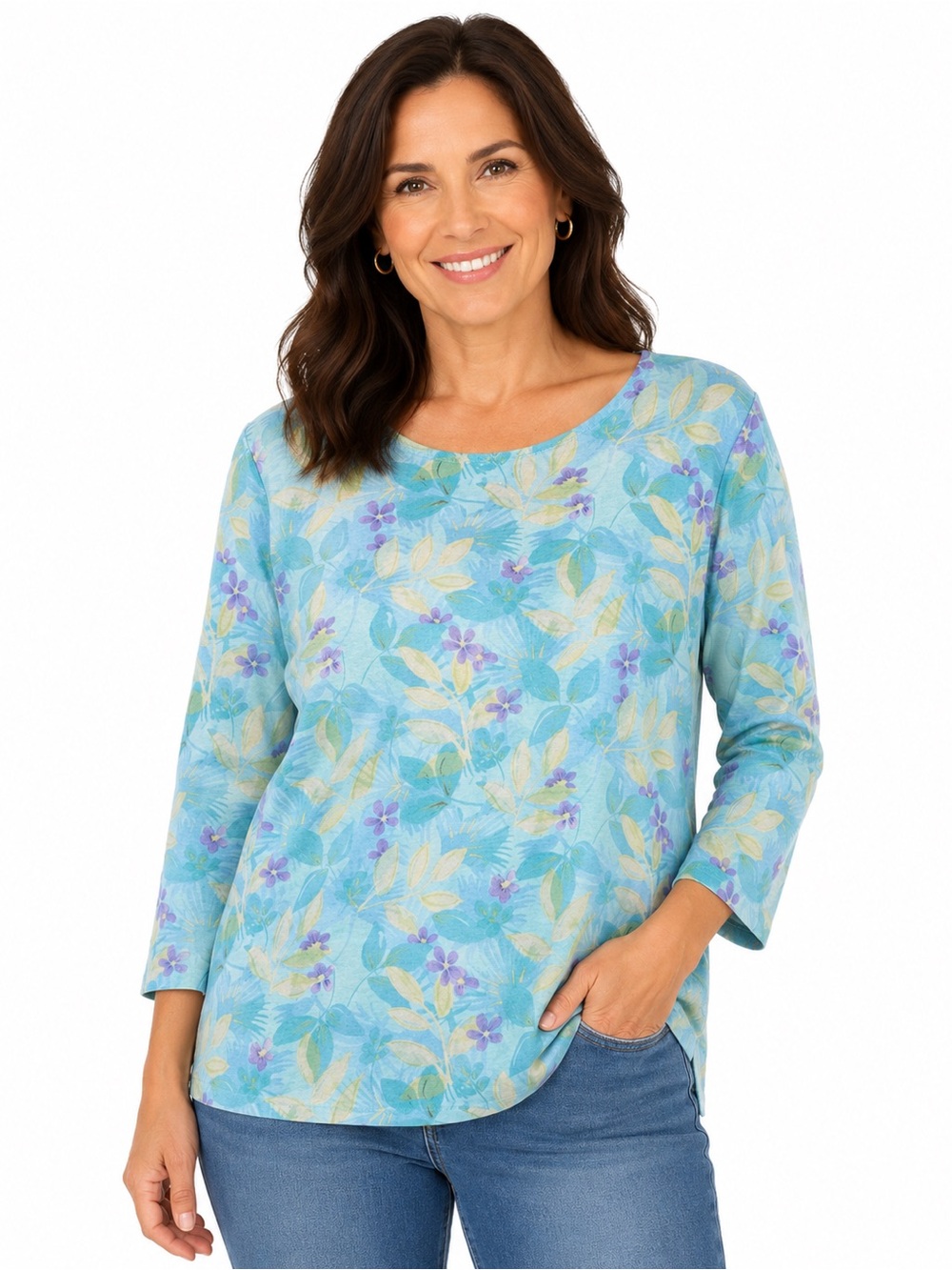Talbots Blue Floral Scoop Neck Long Sleeve Top